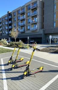 two yellow scooters are parked on a street at Cozy Studio Suite, 15min walk to downtown in Kelowna