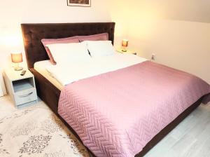 1 dormitorio con 1 cama grande y edredón rosa en Simona Apartament Palas Mall en Iaşi