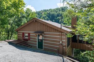 a small cabin with a green door in the woods at Hidden Mountain Gem in Gatlinburg
