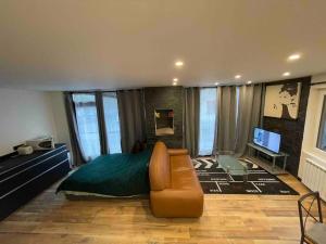 um quarto com um sofá, uma cama e uma televisão em Appartement 77 em Lans-en-Vercors