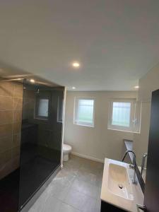 a bathroom with a shower and a sink and a toilet at Appartement 77 in Lans-en-Vercors