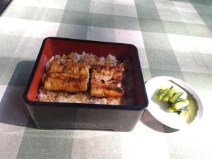 un recipiente de alimentos con arroz y carne sobre una mesa en さくら山荘, en Omachi