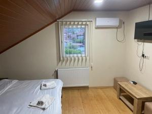 1 dormitorio con cama, ventana y mesa en Mtskheta Wellpoint Arsukidze 48 en Mtskheta