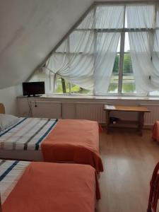 a bedroom with two beds and a large window at Gazdų Vandens Malūnas in Navininkai