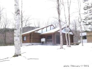 登别Noboribetsu Log House的雪中树下的小木屋