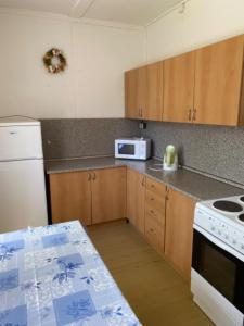 a kitchen with a white stove and a microwave at Chata CONDI in Buchlovice