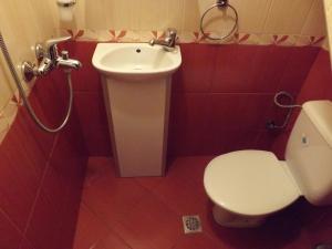 uma casa de banho com um WC branco e um lavatório. em Hostel Rayska Yabalka em Varna City