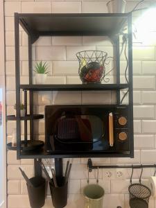 a microwave on a shelf in a kitchen at Casa Via De La Plata in Cáceres
