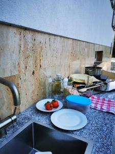 a kitchen counter with two plates of food and a sink at Krasen Kras 104 resort in Komen