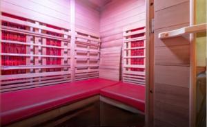 eine rosa Sauna mit rosa Bänken in einem Zimmer in der Unterkunft Levasion nature in Beauraing