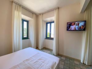 1 dormitorio con 1 cama y TV en la pared en La Mandola eco Hostel en Capraia
