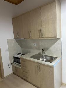 uma cozinha com um lavatório e um fogão em Jons Apartment em Gjirokastër