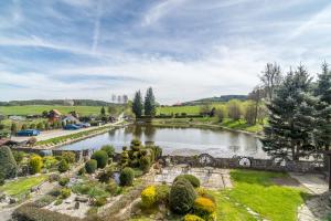 an aerial view of a pond in a garden at Pension a restaurace Regina in Větřní