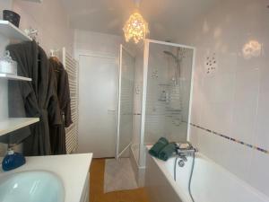 ein Bad mit einer Badewanne, einer Dusche und einem Waschbecken in der Unterkunft Chambre d'hôtes de Verdigné Piscine Parking Wifi in Le Mans