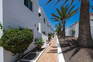 une rue en face d'un bâtiment blanc avec des palmiers dans l'établissement Casa Virginia Corralejo by iRent Fuerteventura, à Corralejo
