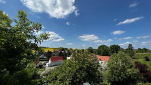 Vistas a una ciudad con casas y árboles en stilvolle Dachgeschoss-Wohnung in Top-Lage, en Großröhrsdorf