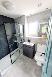 a bathroom with a shower and a toilet and a sink at Spacious house / FREE parking / NO PARTY ! in Glasgow