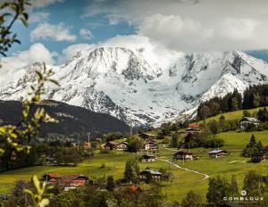 uma montanha coberta de neve com uma aldeia num campo em Chalet Alpen Valley, Mont-Blanc em Combloux