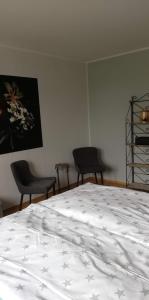 1 dormitorio con 1 cama blanca y 2 sillas en FEWO Emsland, en Emsbüren
