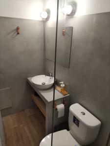 a bathroom with a white toilet and a sink at Galini Rooms & Apartments in Finikas