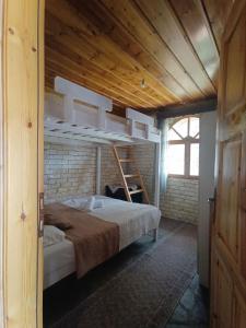 a bedroom with a bunk bed with a ladder at Mountain House Kastro in Kástron