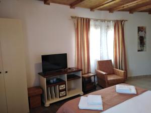 a room with two beds and a television and a chair at Pensiunea Ara in Alba Iulia