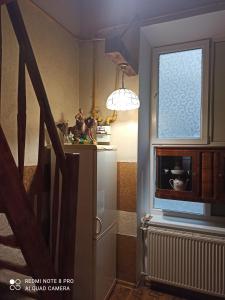 a kitchen with a refrigerator and a window at Kozatski Apartments in Lviv