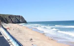 a group of people on a beach near the ocean at Alto da Praia Villa in Colares