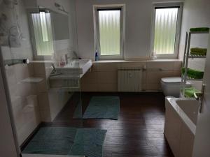 a bathroom with a sink and a toilet and two windows at Ferienwohnung am Waldrand in Bechhofen +10 photos