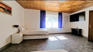 1 dormitorio con 1 cama y una ventana con cortinas azules en W.I.L.A., en Helmbrechts