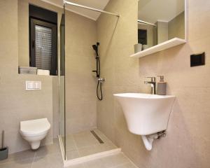 y baño con aseo, lavabo y ducha. en VILA PERLA, en Trebinje