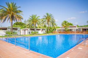 a swimming pool with palm trees and houses at Kampaoh Cambrils in Cambrils