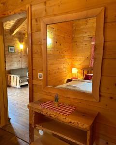 a mirror in a wooden room with a bed at Apartments Zafran in Smoljanac