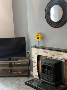 a living room with a fireplace and a tv at Belle Vue in Pontnewynydd +6 photos
