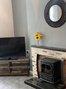 a living room with a fireplace and a tv at Belle Vue in Pontnewynydd