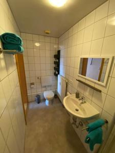 Baño pequeño con lavabo y aseo en Ferienwohnung „Lochbach“, en Bad Mergentheim