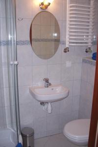 ein Badezimmer mit einem Waschbecken, einem WC und einem Spiegel in der Unterkunft Pokoje Gościnne Alicja in Wisła