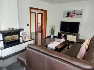 a living room with a couch and a fireplace at Apartment Vetva in Nedeščina