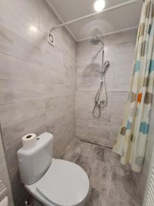 a bathroom with a toilet and a shower at 7 Levél Panzió, Ultra Central, Self Check-in, Self-Catering in Miercurea-Ciuc