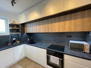 a kitchen with white cabinets and black counter tops at AH Galvaniho in Bratislava