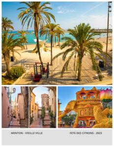 een collage van foto's van een strand met palmbomen bij Studio cocooning - Terrasse - Jardin - Piscine in Menton +8 foto's