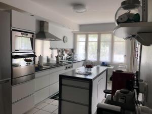 cocina con armarios blancos y fogones en APPARTEMENT 70 M2 de PLAIN-PIED TERRASSE JARDIN, en Nay