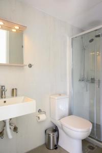 e bagno con servizi igienici, lavandino e doccia. di Artemis apartment first floor a Eloúnda