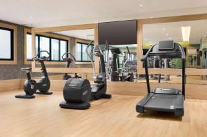 a gym with several treadmills and exercise bikes at La Quinta by Wyndham Dubai Jumeirah in Dubai