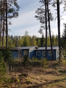 una casa azul en el bosque con árboles en Ammeråns Fiskecamp 