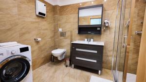 a bathroom with a sink and a washing machine at Apartmány Dačice in Dačice