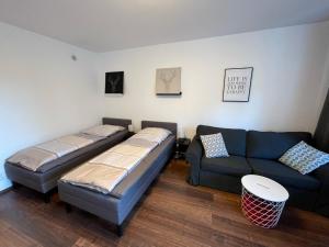 紐倫堡的住宿－Messeapartment Wöhrder See，一间带两张床和一张沙发的客厅