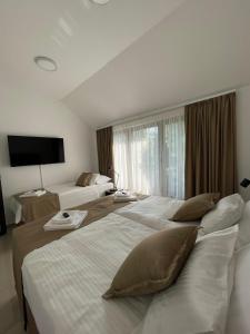 a hotel room with two beds and a large window at Morpheus apartmani in Sremska Mitrovica