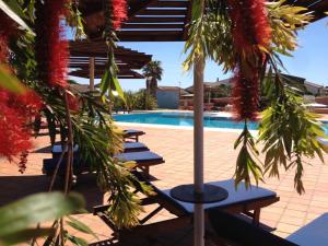 a row of benches next to a swimming pool at Cala Rosa Club Hotel in Stintino