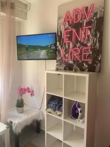 マント・ラ・ジョリーにあるStudio à mantesの白い本棚の上に座ったテレビ